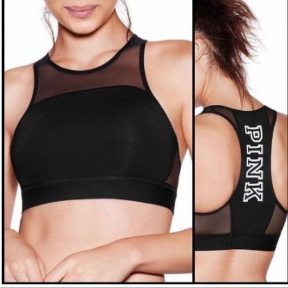 PINK Victoria’s Secret Haut Court Crop Racerback Mesh Logo Sports Bra Black XS - Picture 1 of 13